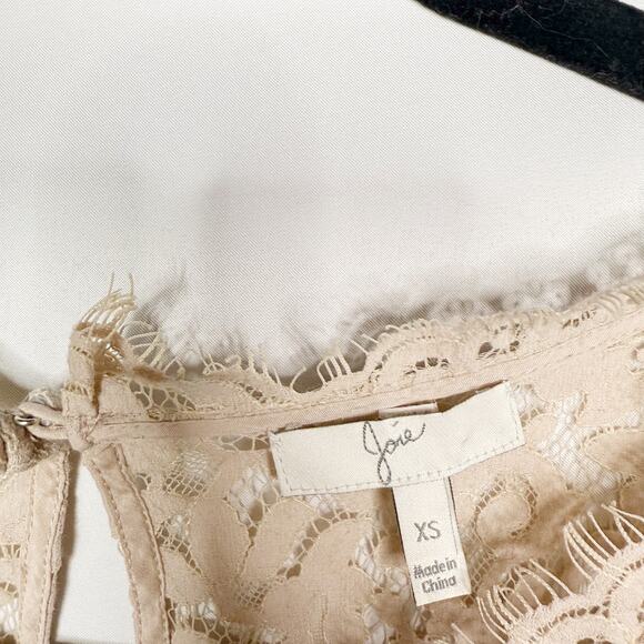 Joie XSmall XS Cream Mushroom Fanny Sheer Lace Top Ruched Sleeves Keyhole Back - Picture 6 of 9